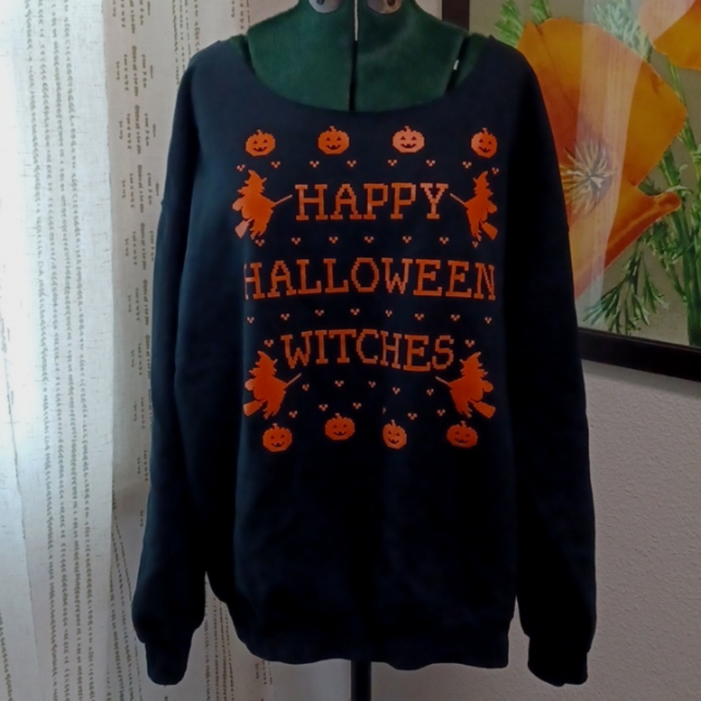 Happy Halloween Witches black sloped shoulder sweatshirt
